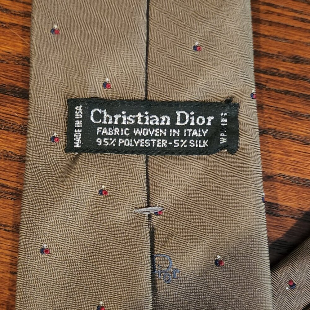 Vintage Christian Dior Logo Men’s Tie Taupe w/ White Diamond Dot Blue Dash Marks - Picture 3 of 5